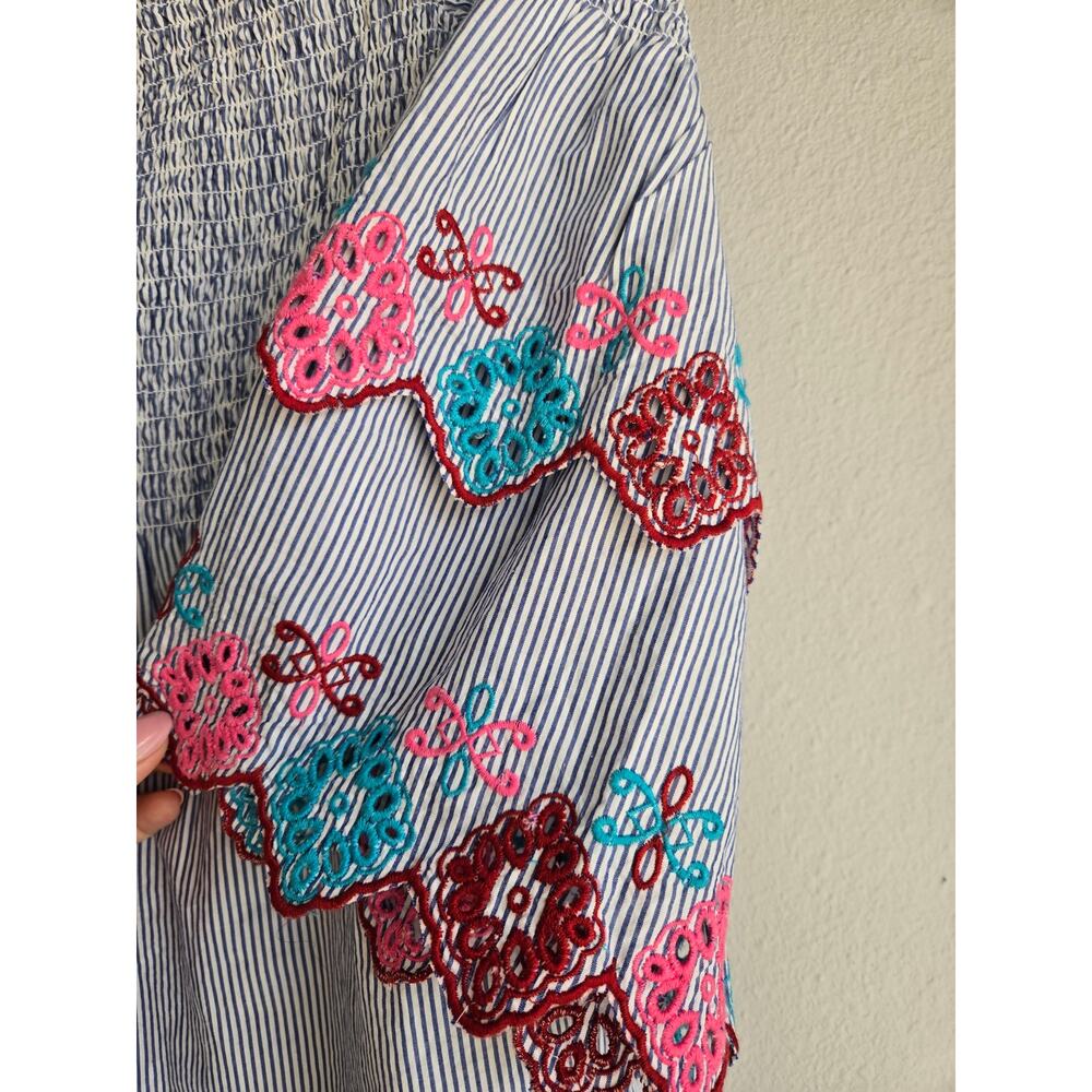 LOFT‎ Boho Embroidered Smocked Off The Shoulder Pinstripe Peasant Top S - Picture 3 of 9